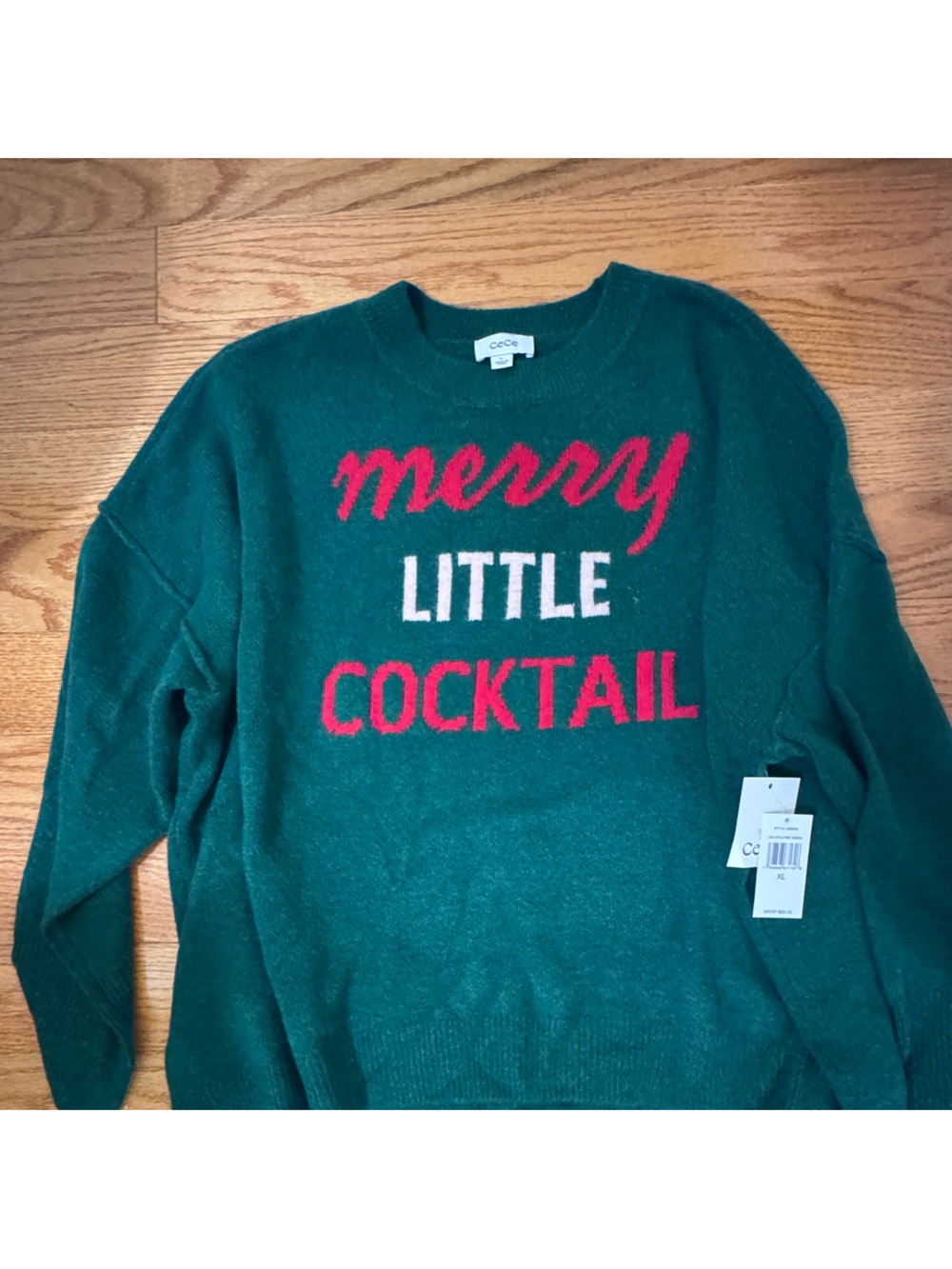 CeCe Green Knit 'Merry Little Cocktail' Sweater with Red & White Lettering